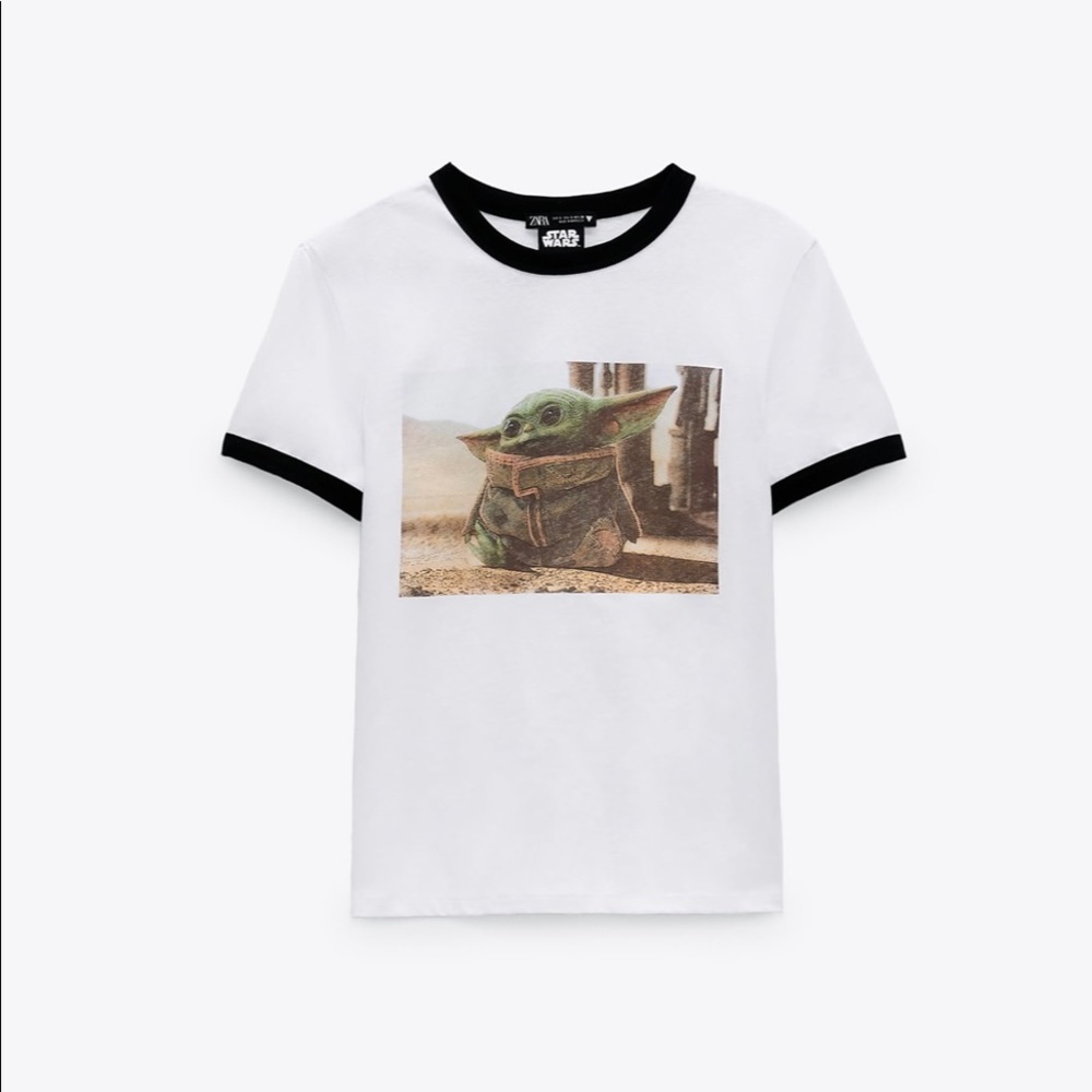 Zara White Ringer Tee with Black Trim and Baby Yoda Graphic